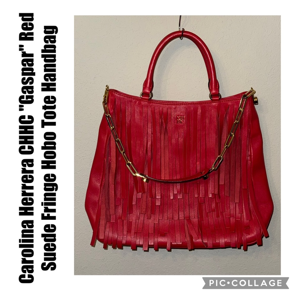 Carolina Herrera CHHC "Gaspar" Red Suede Fringe Hobo Tote Handbag
